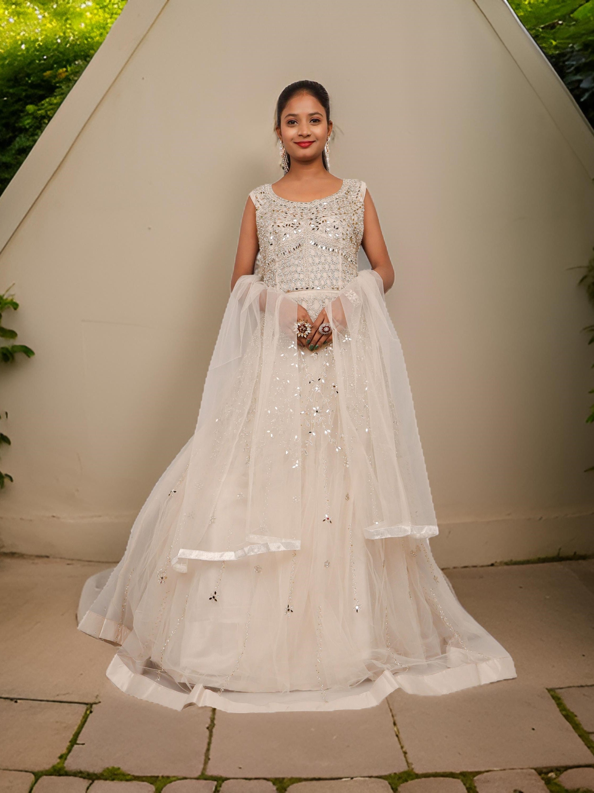 Off White Gown with Mirror & Thread Work by Shreekama